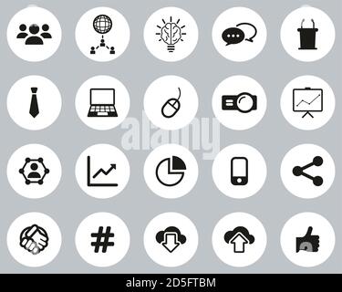 Geschäftspräsentation Oder Sales Pitch Icons Black & White Flat Design Kreis Set Groß Stock Vektor