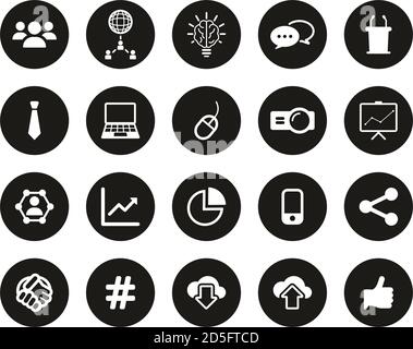 Geschäftspräsentation Oder Sales Pitch Icons Weiß Auf Schwarz Flat Design Kreis Set Groß Stock Vektor
