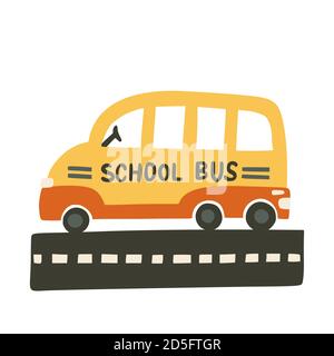 Schule Bus Auto Vektor Illustration für Baby junge Hemd und Raumdesigns. Niedliches Fahrzeug auf einem Road Travel Poster. Kid Auto-Karte. Stock Vektor