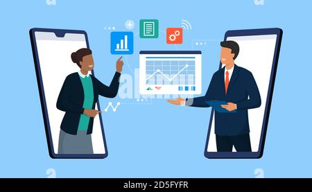 Selbstbewusste Geschäftsleute, die sich online vernetzen und Dateien auf ihrem Smartphone teilen, Telearbeit und Videokonferenzkonzept Stock Vektor