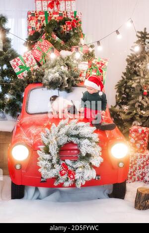 Ein kleiner Junge trägt einen Weihnachtsmann Hut sitzt auf der Haube eines roten Autos mit einem Mini-Schwein, mit Weihnachtsbäumen mit Schachteln von Geschenken, eine Pinien geschmückt Stockfoto