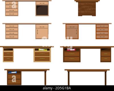 Set von Vielfalt Vektor Holz moderne Bürotische isoliert auf weißem Hintergrund. Vektor-Illustration für Cartoon-Interieur und Möbel Requisiten Stock Vektor