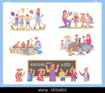 Vorschule oder Kindergarten Kinder Aktivitäten Set flach Vektor-Illustration. Stock Vektor