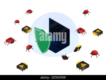 Laptop in Glaskuppel und Computer-Bugs und Viren um ihn herum. Isometrische Vektordarstellung Datenschutz, Informationssicherheitskonzept. Stock Vektor