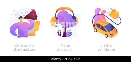 Gemeinsame Nutzung von Klimadaten, Lärmschutz, Nutzung von Elektrofahrzeugen Vektorkonzepten. Stock Vektor