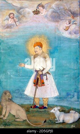 Akbar der große. Gemälde mit dem Titel 'Akbar mit Löwe und Kalb', zeigt den dritten Moghul-Kaiser Abu'l-Fath Jalal-ud-din Muhammad Akbar (1542-1605) von Govardhan, um 1630 Stockfoto