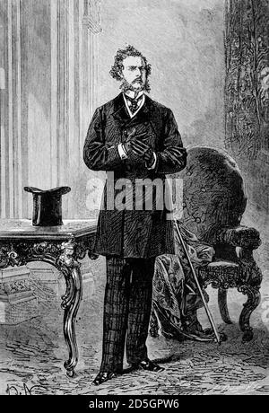 Phileas Fogg. Illustration aus einer Ausgabe von Jules Verne aus dem Jahr 1873 von "Around the World in Eighty Days" mit dem Protagonisten Phileas Fogg. Stockfoto