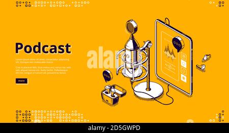 Podcast isometrische Landing Page. Tablet-pc mit App zum Hören von Online-Radio oder Musik, kabellose Kopfhörer und Studiomikrofon, Equalizer und Steuerungstasten auf dem Bildschirm 3d-Vektorlinie Kunst Web-Banner Stock Vektor