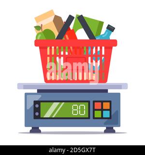 Wiegen Produkte aus dem Geschäft auf der Waage. Lebensmittel-Set. Flache Vektor-Abbildung isoliert auf weißem Hintergrund. Stock Vektor