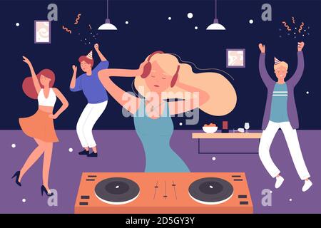 Startseite musikalische Party Vektor Illustration. Cartoon Freunde Menschen hören DJ-Musik und Tanz, Mann Frau Gruppe von Charakteren feiern, Spaß haben und glücklich tanzen in Heimraum Innenraum Hintergrund Stock Vektor