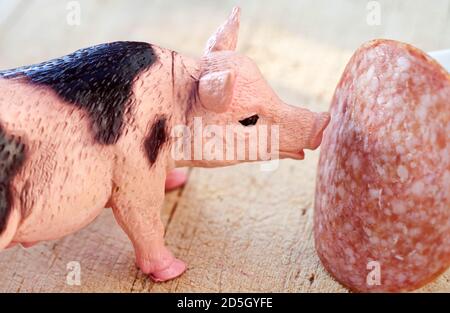 Miniatur-Kunststoff-Schwein mit einem Stück Wurst erschossen Weißer Hintergrund Stockfoto