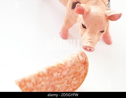 Miniatur-Kunststoff-Schwein mit einem Stück Wurst erschossen Weißer Hintergrund Stockfoto