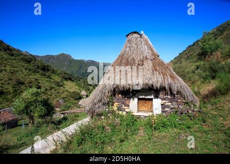 Brañas la Pornacal. Hütten für Tiere mit Strohdach gebaut. Naturpark Somiedo. Asturien. Spanien Stockfoto