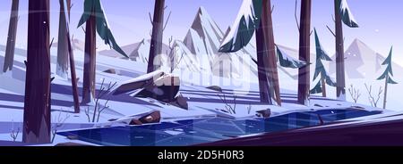 Winterwald mit gefrorenem Teich. Naturlandschaft Hintergrund mit Nadelbäumen und Bergen mit Schnee bedeckt, Wildpark oder Garten mit eisigen See, Felsen, Kiefern und Sträuchern, Cartoon-Vektor-Illustration Stock Vektor