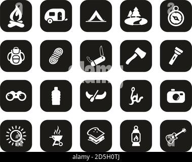 Camping Oder Outdoor Adventure Icons Weiß Auf Schwarz Flat Design Groß Einstellen Stock Vektor