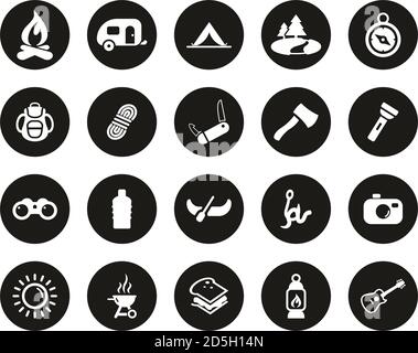 Camping Oder Outdoor Adventure Icons Weiß Auf Schwarz Flat Design Kreis Groß Stock Vektor