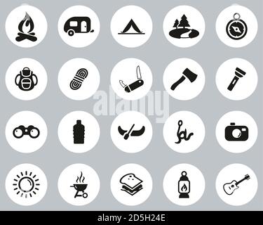 Camping Oder Outdoor Adventure Icons Black & White Flat Design Kreis Groß Stock Vektor