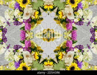 Blumen, visuelle Wirkung eines Spiegels, Raum für Texteingabe, abstrakte Tapete, voller Farben, seltsame Ornamente und Formen, Hintergrund mit schönen Geo Stockfoto
