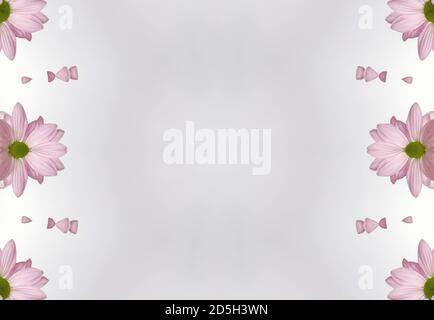 Blumen, visuelle Wirkung eines Spiegels, Raum für Texteingabe, abstrakte Tapete, voller Farben, seltsame Ornamente und Formen, Hintergrund mit schönen Geo Stockfoto