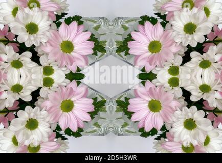 Blumen, visuelle Wirkung eines Spiegels, Raum für Texteingabe, abstrakte Tapete, voller Farben, seltsame Ornamente und Formen, Hintergrund mit schönen Geo Stockfoto