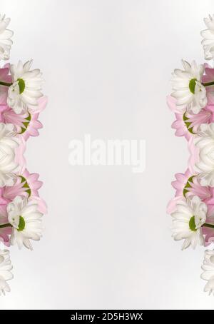 Blumen, visuelle Wirkung eines Spiegels, Raum für Texteingabe, abstrakte Tapete, voller Farben, seltsame Ornamente und Formen, Hintergrund mit schönen Geo Stockfoto