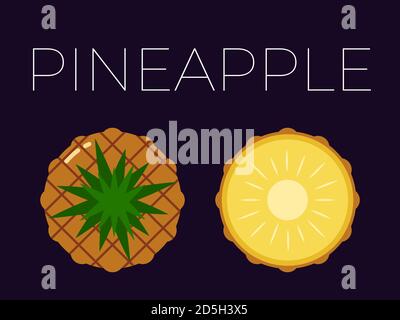 Vektor von Ananas, Ananas und in Scheiben geschnittene Hälfte Ananas, Ananas auf dunklem Hintergrund Stock Vektor