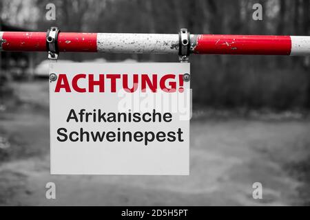 Schild mit der Aufschrift 'Achtung Afrikanische Schweinepest' (Achtung Afrikanische Schweinepest) auf einer Barriere Stockfoto