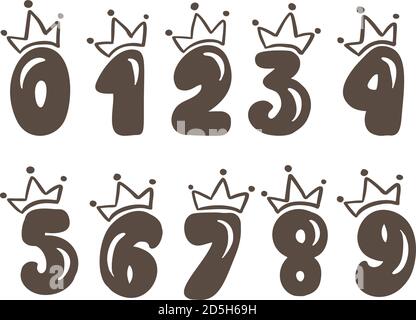 Vector Vintage prall Set Zahlen mit Krone. Princess Element Schriftartlogo. Valentine Hand gezeichnete Alphabet Zeichen für Seite Dekoration und Design Stock Vektor