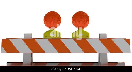 Straßeninstandhaltung, Straßenarbeiten Warnanlage Konzept. Verkehrsbarrieren und Blinklichter auf weißem Hintergrund isoliert. 3d-Illustration Stockfoto