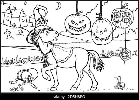 Lustige Einhorn und halloween Kürbisse zum Ausmalen. Malvorlagen für Pferdeliebhaber. Stockfoto