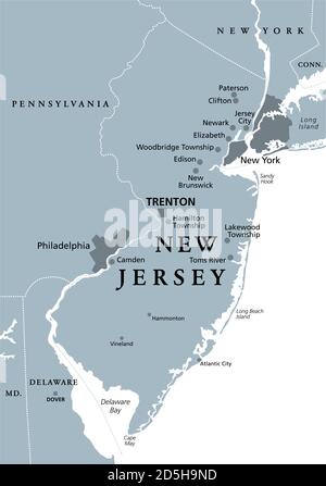 New Jersey, NJ, graue politische Landkarte mit der Hauptstadt Trenton. Staat in der Region des Mittelatlantiks im Nordosten der Vereinigten Staaten von Amerika. Stockfoto