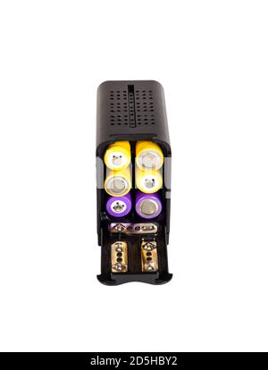 Akkuadapter für Kamera. Batteriefach. Isoliert auf weißem Hintergrund. Stockfoto