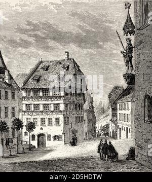 Albert Dürers Haus mit der Statue von Martin Koetzel, Nürnberg, Bayern. Deutschland. Alte XIX Jahrhundert gravierte Zeichnung von Reise nach Nürnberg Le Tour du Monde 1864 Stockfoto