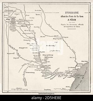 Karte mit der Route der Taku Forts nach Peking, China. Alte XIX Jahrhundert gravierte Reise von Shanghai nach Moskau Le Tour du Monde 1864 Stockfoto