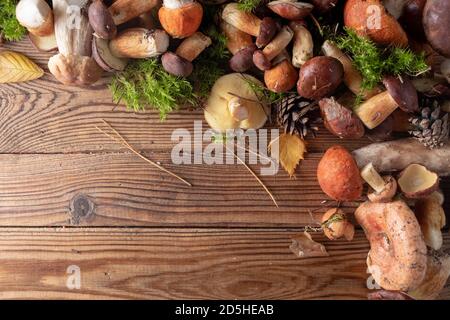 Frische Wildpilze unterschiedlich auf einem hölzernen Hintergrund, Draufsicht, Kopierraum. Eckrahmen Stockfoto