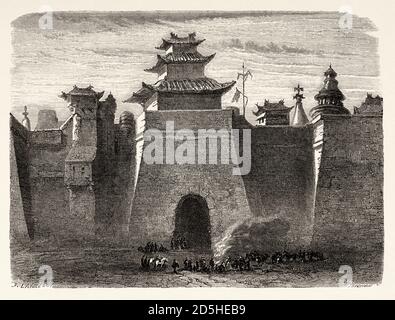 Pekinger Mauern und Tor, China. Alte XIX Jahrhundert gravierte Reise von Shanghai nach Moskau Le Tour du Monde 1864 Stockfoto