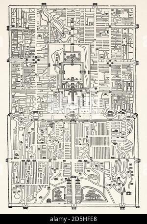 Alter Plan von Peking, China. Altes XIX Jahrhundert gestochen von Le Tour du Monde 1864 Stockfoto