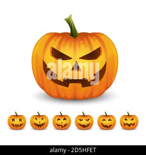 Vektor Hochglanz Cartoon Halloween Pumkin Laterne mit lustigen Gesichtern Icon Set Nahaufnahme isoliert auf weißem Hintergrund. Vorderansicht. Designvorlage. Herbst Stock Vektor