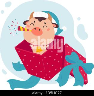Cute Cartoon Stier mit einem riesigen Geschenk. Stock Vektor