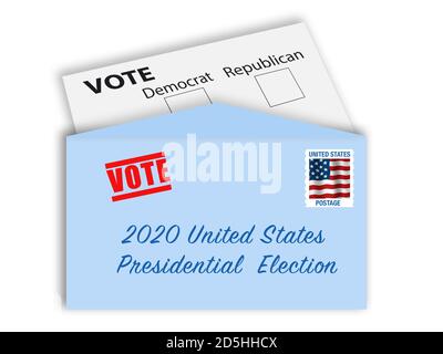 Abstimmung per Brief Konzept - Umschlag mit Stempel, Adresse und Stimmkarte mit Kontrollkästchen der Demokratischen und der Republikanischen Partei. Falten, Zeichen, und Stockfoto