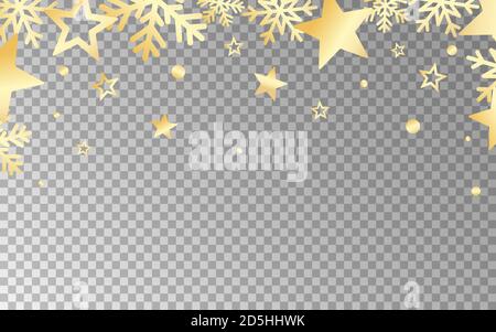 Weihnachten Dekoration Vorlage. Luxuriöse goldene Sterne und Schneeflocken. Glitzerrahmen für Werbung, Karte, Poster. Festliche Elemente. Vektorgrafik Stock Vektor