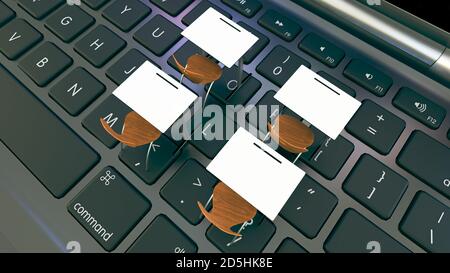 Digitales Klassenzimmer-Konzept für Online-Bildung. Moderne Klassenzimmer Schreibtische auf den Laptops schwarze Tastatur. 3D-Rendering Stockfoto