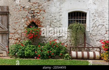 Außenansicht eines alten traditionellen ländlichen Gebäudes mit Pflanzen Und Blumen Stockfoto