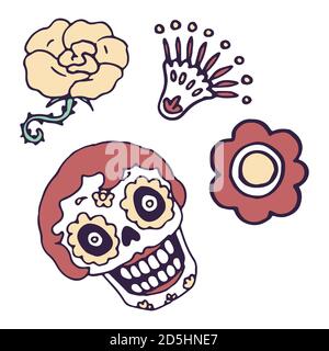 Calavera und Blumen auf weißem, isoliertem Hintergrund. Tag der Toten Symbol für Einladung oder Geschenkkarte, Notizbuch, Bad Fliesen, Scrapbook Phone Case oder Klumpen Stock Vektor