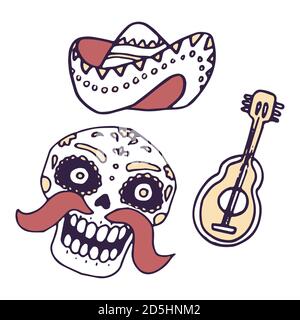 Calavera Totenkopf, Gitarre auf weißem, isoliertem Hintergrund. Tag der Toten Symbol für Einladung oder Geschenkkarte, Notebook, Bad Fliesen, Sammelalbum Telefon Fall oder cl Stock Vektor