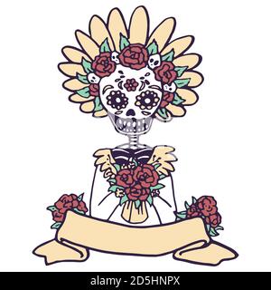 Tote Skelett Frau auf weiß isoliert Hintergrund. Santa muerte calavera für Einladung oder Geschenkkarte, Notizbuch, Badetuch, Sammelalbum. Telefontasche oder -Tuch Stock Vektor