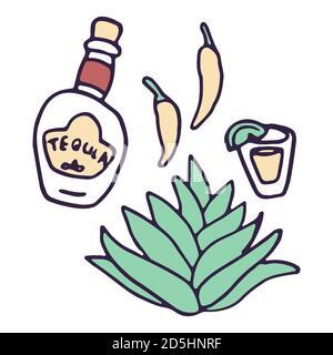 Tequila und Paprika auf weißem Hintergrund isoliert. Tag der Toten Symbol für Einladung oder Geschenkkarte, Notebook, Bad Fliesen, Sammelalbum Telefon Fall oder cl Stock Vektor