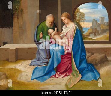 Titel: Die Heilige Familie Schöpfer: Giorgione Datum: Wahrscheinlich c. 1500 Maße: 37.3 x 45.6 cm Medium: Öl auf Platte auf Hartplatte übertragen Ort: National Gallery of Art, Washington, D.C. Stockfoto