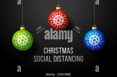 COVID-19 Keep Social Distance Frohe Weihnachtsbanner mit realistischem Baumball. Vektorgrafik. Stock Vektor