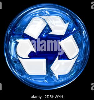 Recycling Symbol blau, isoliert auf schwarzem Hintergrund. Stockfoto